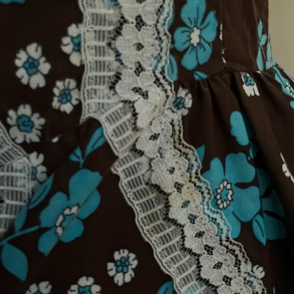 Vintage 60s 70s Brown and Blue Floral Square Dance Dress - Picture 4 of 9